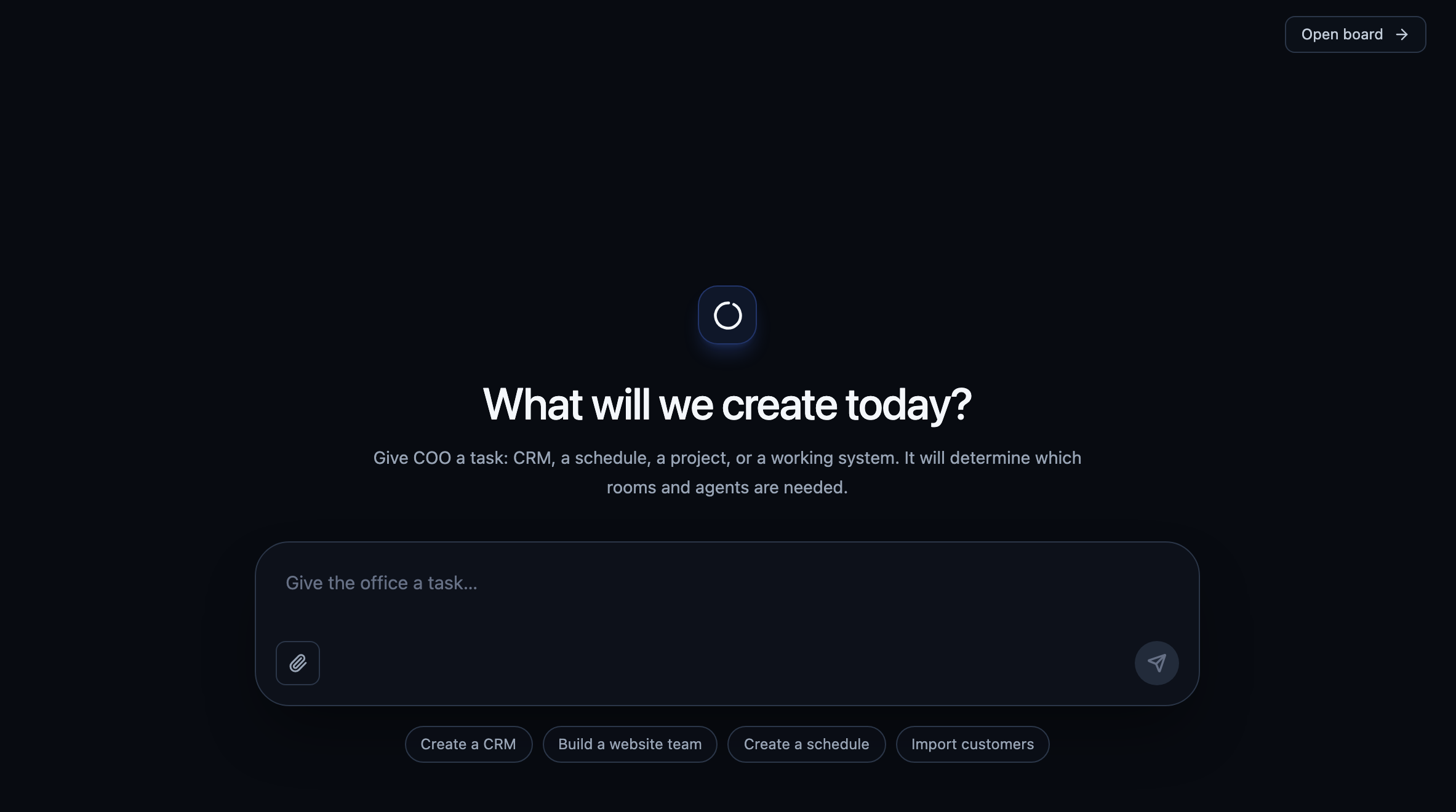Oqera's COO screen asking "What will we create today?" above a single task input.